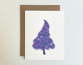 Wacky Christmas Card • Handmade Card • Christmas Tree Illustration • Jolly Christmas • Purple Xmas Tree • Unique Holiday Card