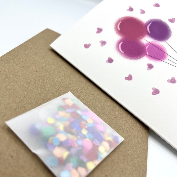 Celebrate Eco Friendly Confetti Card With Pink Watercolor Balloons • Make A Difference • Hand Illustrated With Joy