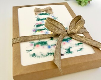 Boxed Christmas Card Set • Snowy Christmas Tree With Burlap Bow • Handmade Card • Christmas Tree Illustration • Peace, Love, Joy Greetings