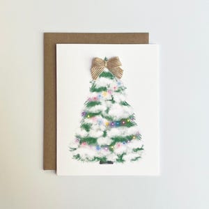 Snowy Christmas Tree With Bow • Seasonal Handmade Card • Christmas Tree Illustration • Peace, Love, Joy Greetings • Xmas Tree With Lights