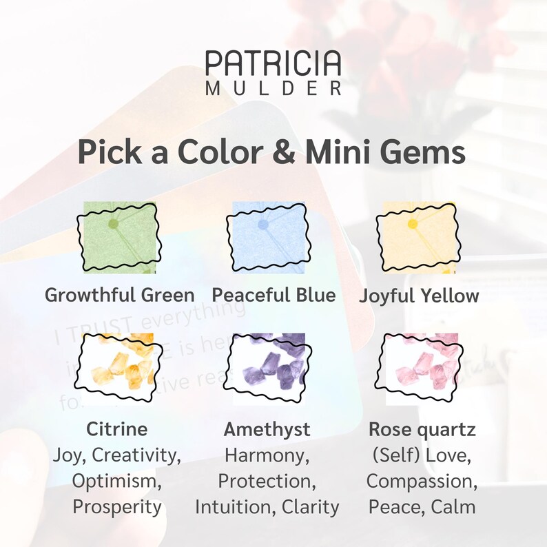 Puede incluir: Imagen con el texto "PATRICIA MULDER" y "Pick a Color & Mini Gems". Presenta seis tarjetas codificadas por colores con nombres de gemas: Verde de crecimiento, Azul pac&iacute;fico, Amarillo alegre, Citrino, Amatista y Cuarzo rosa. Cada tarjeta enumera cualidades asociadas.