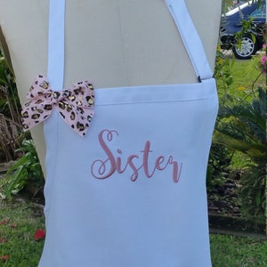 Sister White apron embroidery in Rose thread color / Leopard  and rose bow / Elegant apron/ Wedding apron/ quality apron/ Aprons for women&#39;s