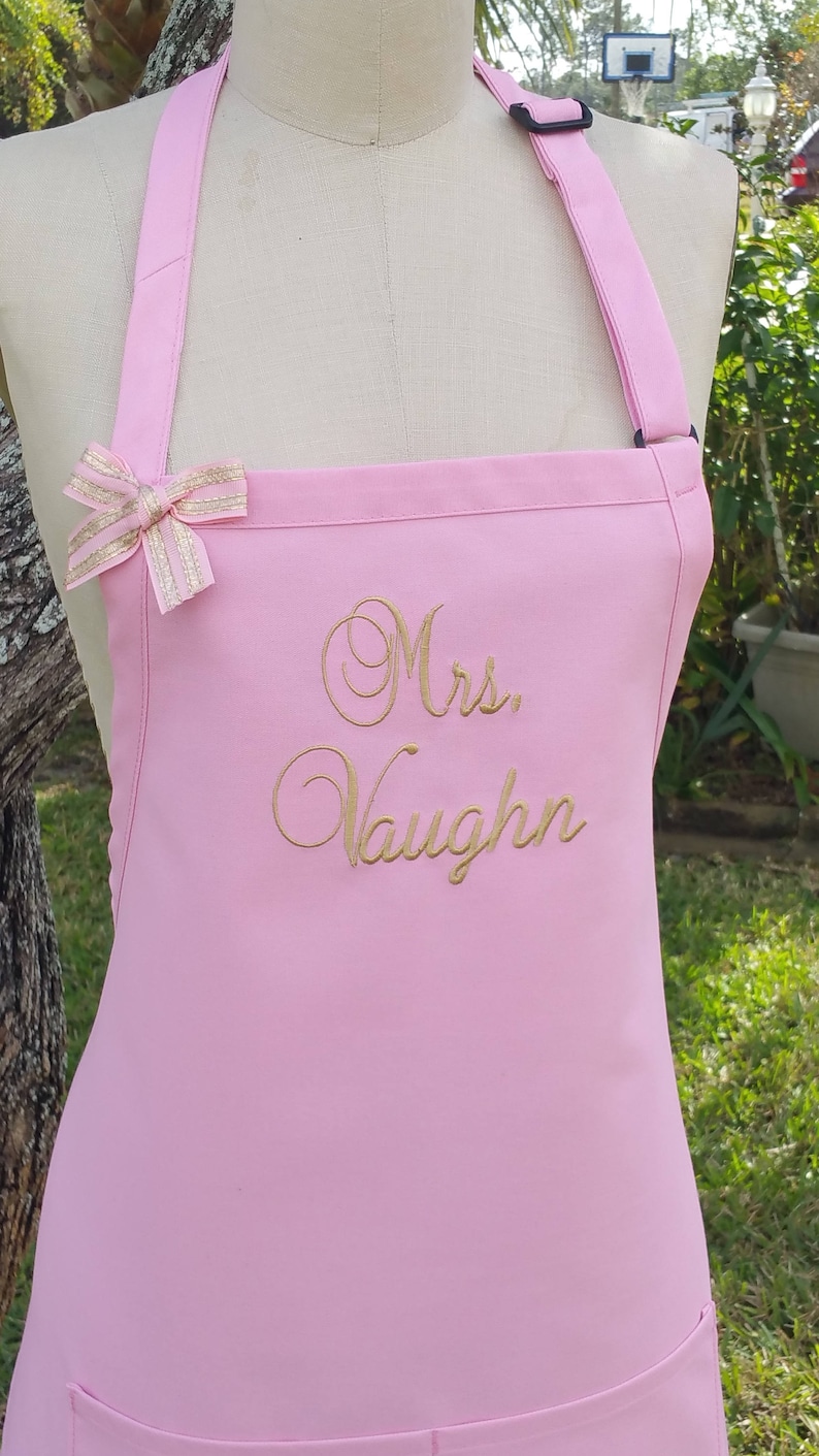 Personalized Pink Apron with gold embroidery thread Etsy