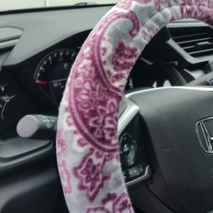 Paisley Steering wheel cover/WARM / Grey and Burgundy wheel cover/ Fleece cover/ women&#39;s Gift.