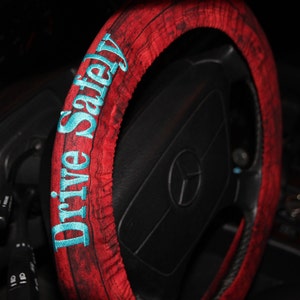 Drive Safety Personalized steering wheel cover/ Burgundy and Turquoise  embroidery thread / Unisex Steering wheel Cover / Car Accessories.