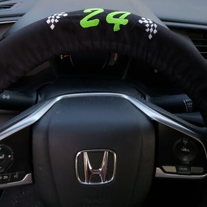 Black Steering Wheel Cover Racing Number with Racing Flags - Men Steering Wheel Cover - Embroidered Steering Wheel Cover - Gift for Him