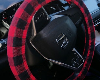 Plaid Red and Black Steering wheel cover/ Father's  Day Gift idea / Black and Red Checkers wheel cover/ Unisex Wheel cover / Gift under 20.