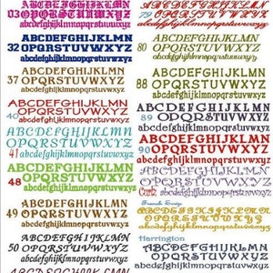 Puede incluir: Una colecci&oacute;n de varios estilos de fuente bordados, incluyendo letras serif, script y bloque, en una gama de colores. Cada fuente se muestra con letras may&uacute;sculas y min&uacute;sculas, y n&uacute;meros.