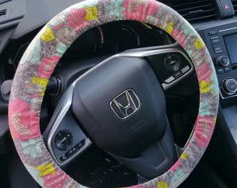 Grey with aqua and Coral  flowers seat belt covers / Steering wheel cover / Neutral Floral accessories/ matching keychain option.