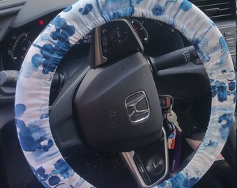 White and blue floral steering wheel cover/ Accessories for Women/ Option Key fob and Seat belt cover Matching