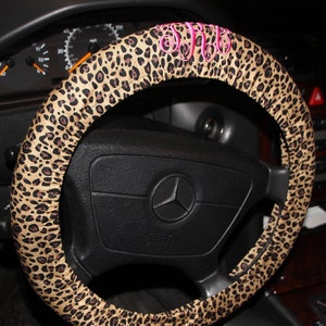 Cheetah Steering Wheel Cover personalized in Fuchsia embroidery thread / Women&#39;s wheel Cover / Monogram wheel cover / Hostess gift idea .