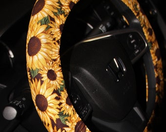 Sunflowers steering wheel cover/ Orange and Brown sunflowers wheel cover/ Women&#39;s wheel cover/ Sunflowers Seat belt / Key fob sunflowers .