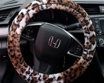 Cheetah Print Faux Fur Steering Wheel Cover - Women Car Accessories - Animal Print Cover - Soft and Plush Steering Wheel Cover - Gift Idea