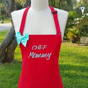 Chef Mommy Red Apron whit Aqua Embroidery Thread / Polka Dots Aqua Bow apron / Women&#39;s Elegant Apron  / Women&#39;s  personalized apron .