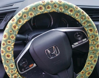 steering wheel cover/ Baby sunflowers steering wheel cover/Sage green with sunflowers /Blue with sunflowers /beige yellow sunflowers/Key fob
