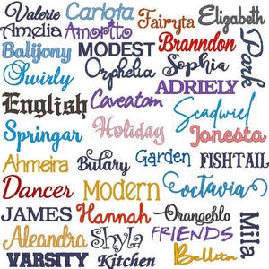 Puede incluir: Un collage de diversas palabras y nombres, cada uno presentado en una tipograf&iacute;a y color distintos. Se pueden leer "Valerie", "Carlota", "Amelia", "Amorito", "Balijony", "Modest", "Swirly", "Orphelia", "English", "Caveatom", "Springar", "Holiday", "Ahmeira", "Bulary", "Dancer", "Modern", "James", "Hannah", "Aleandra", "Shyla", "Varsity", "Kitchen", "Friends", "Bellita".