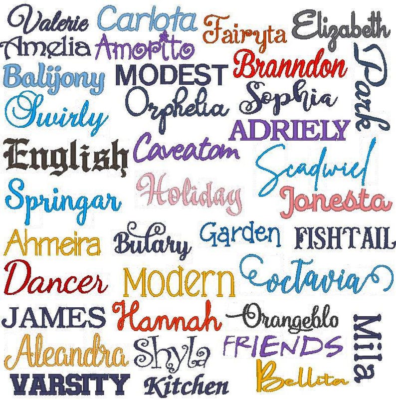 Puede incluir: Un collage de diversas palabras y nombres, cada uno presentado en una tipograf&iacute;a y color distintos. Se pueden leer "Valerie", "Carlota", "Amelia", "Amorito", "Balijony", "Modest", "Swirly", "Orphelia", "English", "Caveatom", "Springar", "Holiday", "Ahmeira", "Bulary", "Dancer", "Modern", "James", "Hannah", "Aleandra", "Shyla", "Varsity", "Kitchen", "Friends", "Bellita".