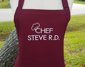 Personalized Chef Apron / Maroon Chef Steve Apron/ Unisex Apron / Maroon Apron Embroidery in Beige Thread / Apron for Him and Her .