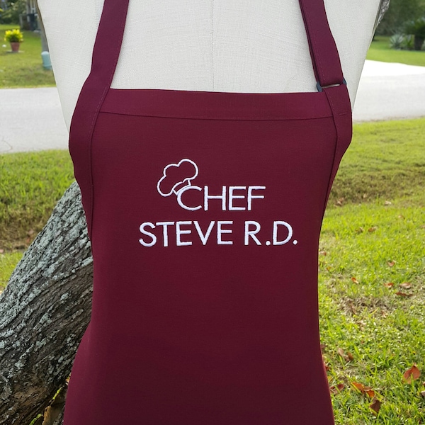 Personalized Chef Apron / Maroon Chef Steve Apron/ Unisex Apron / Maroon Apron Embroidery in Beige Thread / Apron for Him and Her .