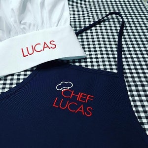 Children Aprons / Personalized Kids aprons / Little Chefs aprons / Daddy Helper apron / navy and red embroidery apron /hostess gift idea .