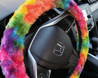 Fuzzy soft bright rainbow tie dye rosebud swirls steering wheel cover