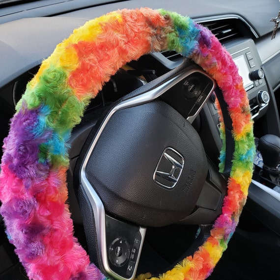 Fuzzy Soft Bright Rainbow Tie Dye Rosebud Swirls Steering Wheel Cover 