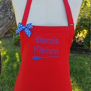 Sheila&#39;s Kitchen Red Apron , Personalized Red Apron with royal blue thread and bow, Quality Gift apron, Women&#39;s apron ,