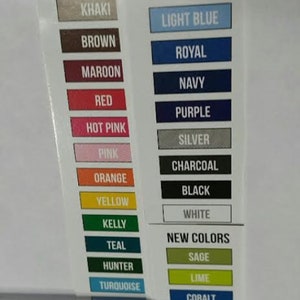 Puede incluir: Una carta de colores con una variedad de muestras de color, cada una etiquetada con un nombre de color. Los colores incluyen caqui, marr&oacute;n, granate, rojo, rosa fuerte, rosa, naranja, amarillo, verde Kelly, verde azulado, cazador, turquesa, azul claro, real, marino, p&uacute;rpura, plata, carb&oacute;n, negro, blanco, salvia, lima y cobalto.