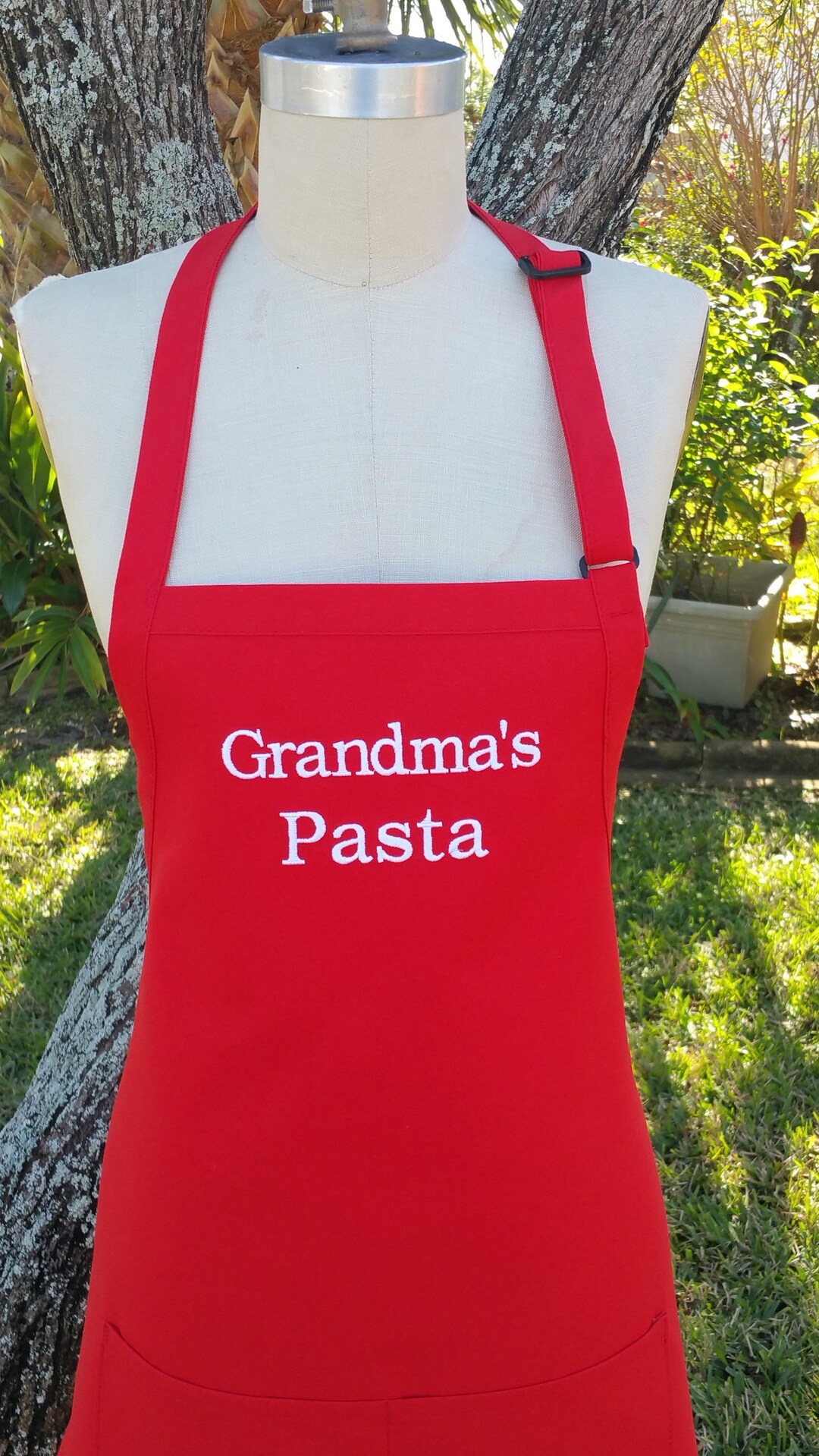 Grandma's Red Apron Embroidery in White Thread Color, Women's Personalized Apron/ Grandma Past