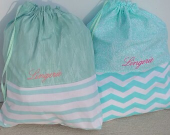 Aqua and White lingerie travel Bag / strips and chevron bags / bridesmaid gift / travel bags / Weekend organized bag / personalized option .