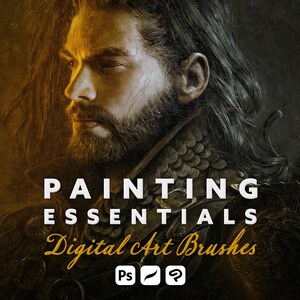May include: A digital illustration of a bearded person with long dark hair wearing textured armor and carrying a sword on their back. The text reads PAINTING ESSENTIALS Digital Art Brushes with icons for Photoshop, a brush, and a question mark.