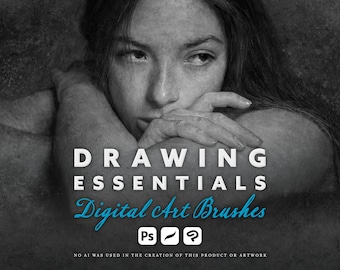 Könnte beinhalten: Ein digitales Kunstpinsel-Set mit dem Titel Drawing Essentials, das ein Schwarz-Weiß-Porträt einer Person zeigt, die ihr Kinn auf ihre Arme stützt. Der Text enthält die Wörter Drawing Essentials, Digital Art Brushes und Software-Symbole.