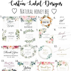 May include: A collection of 16 different custom label designs for honey jars. The labels feature various floral designs, names, and dates. The labels are printed on white paper with a matte finish.