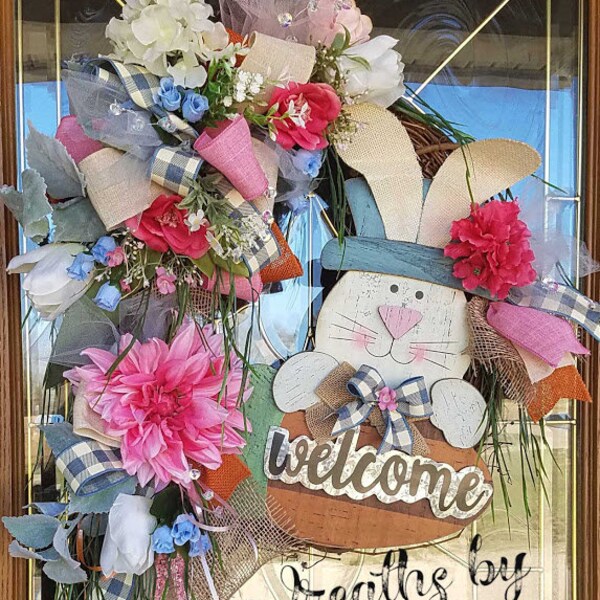 Hello Dolly Spring Easter Welcome Bunny Rabbit Grapevine Wreath for Entryway, Door, or Gift