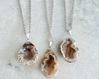 Dainty Geode Pendant Necklace: Natural Druzy Crystal, Silver-Plated Chain