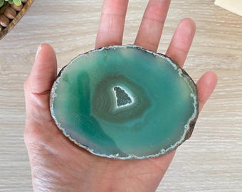 Green Geode Slice with Druzy, Geode Slice with Banding Mineral Specimen