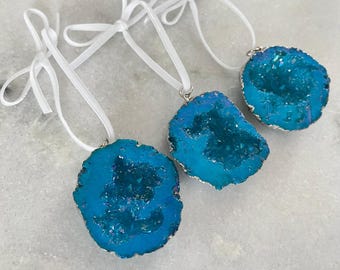 Geode Christmas Ornaments Set: Bright Blue and Silver Crystal Keepsakes