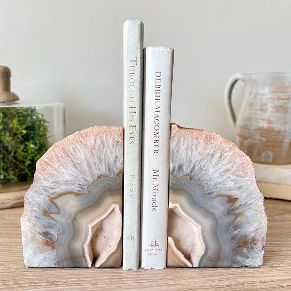 Natural Geode Bookends, Crystal Agate Bookends for Book Lover and Rock Lover Gift, Unique One-of-a-Kind Anniversary Gift for Her