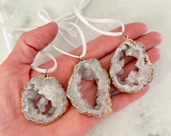 Set of 3  Geode Ornaments: White Druzy Crystal Christmas Keepsake