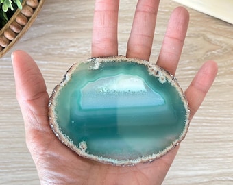 Green Geode Slice with Druzy, Geode Slice with Banding Mineral Specimen