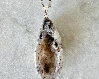 Natural Geode Pendant Necklace: Silver Plated Chain, Nature Lover Gift