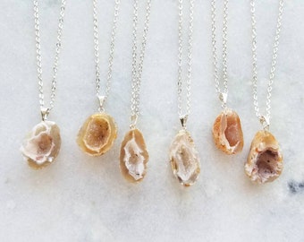 Dainty Geode Pendant Necklace: Raw Druzy Crystal, Silver Plated Chain