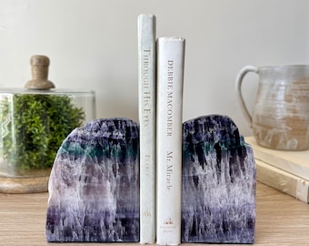 Flourite Stone Bookends for Heavy Books, Mother’s Day Gift for Book Lover and Rock Lover, Unique One-of-a-Kind Anniversary Gift for Her