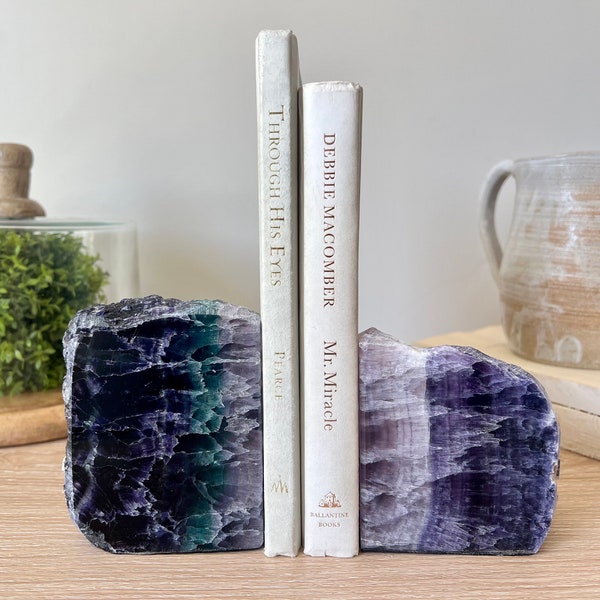 Flourite Stone Bookends for Heavy Books, Father’s Day Gift for Book Lover and Rock Lover, Unique One-of-a-Kind Anniversary Gift for Her