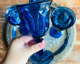 Mid Century Glassware Vintage Footed Glassware Vintage Glassware Blue Glasses Cocktail Glassware Azure Blue Glassware Set of 7