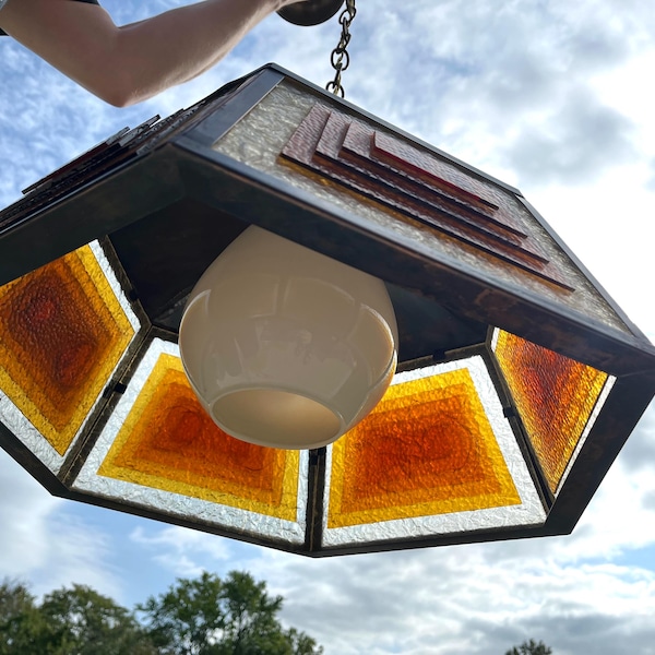 Vintage MCM Copper & Stained Glass Pendant Light: Frank Lloyd Wright Style