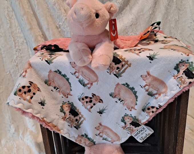 Pig Lovey Blanket With Ribbon Tags, Pig Security Blanket, Stuffed