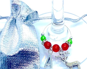 Personalised Christmas Wine Glass Charms Alphabet with MIXED Christmas Charms Letters Table Decorations with FREE gift bag included