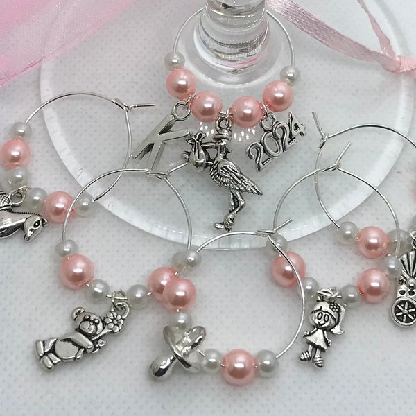 Baby shower Wine Glass Charms 6 or 10 Mixed charms Pink 2023
