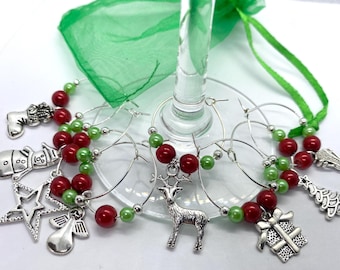 8 x Christmas Wine Glass Charms: Festive Table Decoration, Secret Santa Gift (Set of 8)